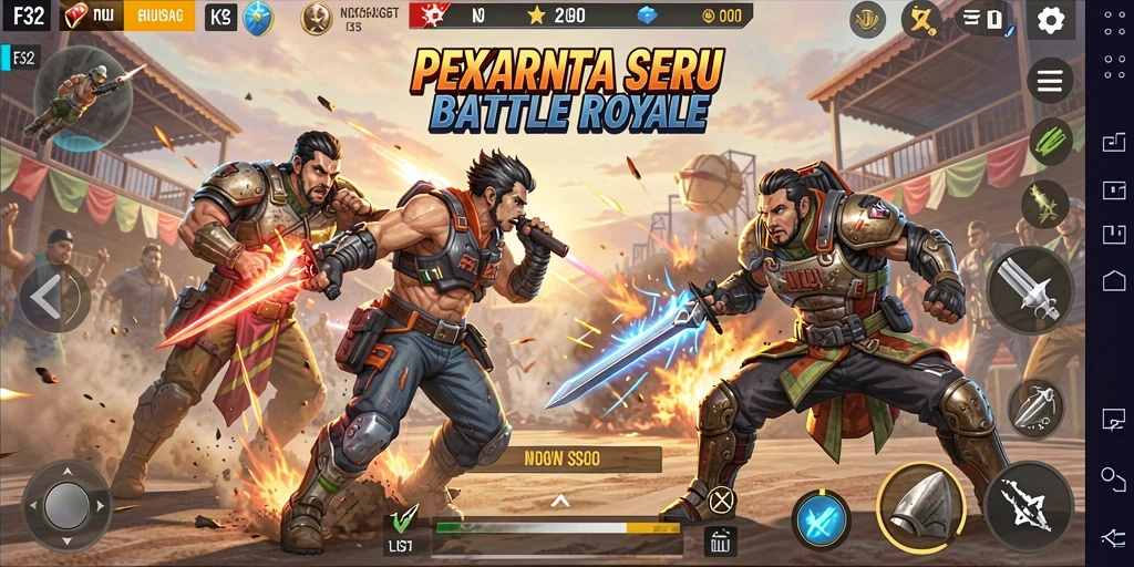 Screenshot menampilkan aksi seru dalam gameplay Battle Royale F32.
