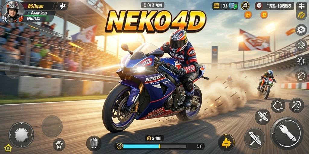 Screenshot gameplay NEKO4D menampilkan aksi balapan motor yang mendebarkan.