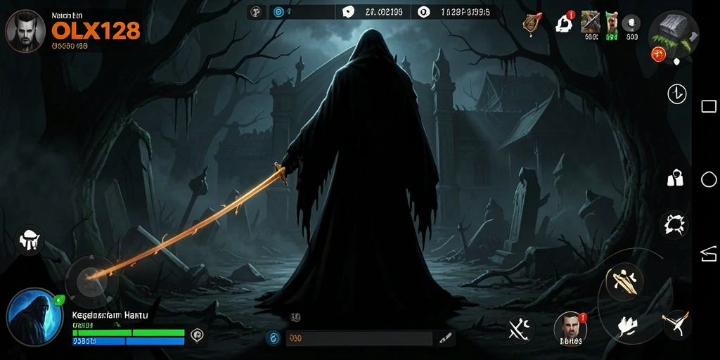 Screenshot gameplay OLX128 menunjukkan suasana mencekam dan hantu yang menakutkan.