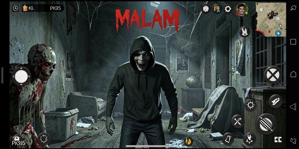 Screenshot menampilkan suasana mencekam dalam PK95 dengan elemen horor yang kuat.