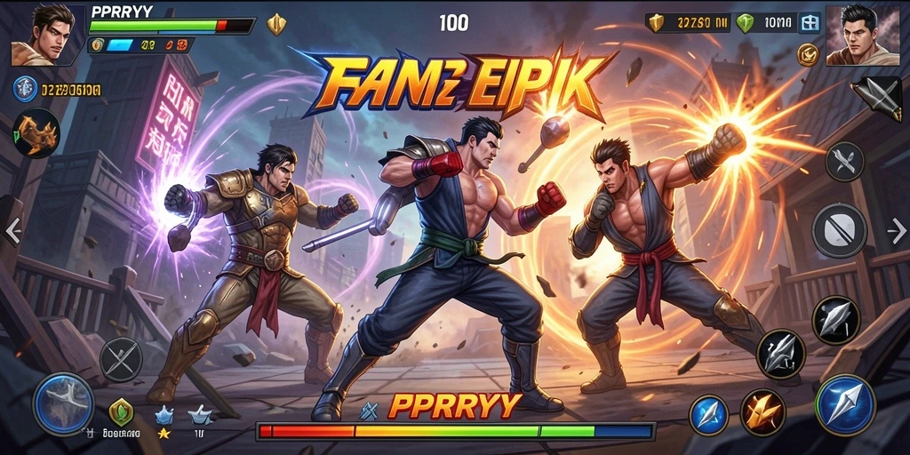 Screenshot utama PPRRYY menunjukkan pertarungan seru antar karakter.