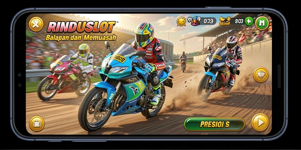 Tampilan gameplay seru RINDUSLOT yang menampilkan aksi balapan motor.